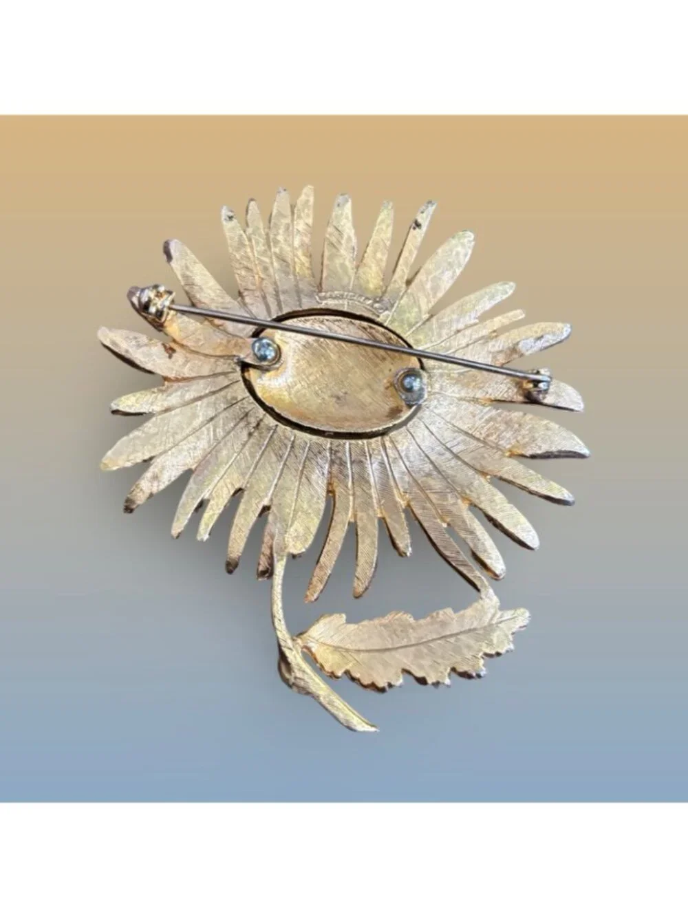 Vintage Marvella Black Enamel & Gold-Tone Sunflower Brooch Pin